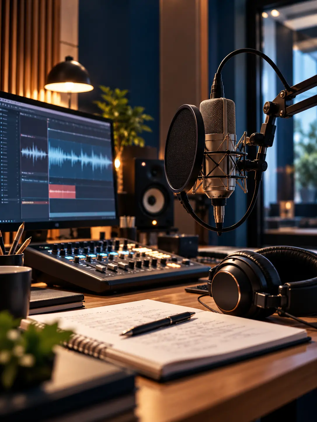 Estudio conceptual de producción de audio con micrófono y consola